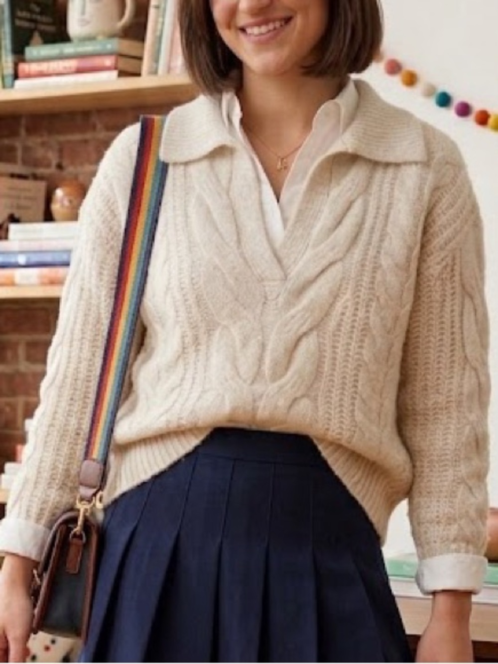 POL Cream Collar Cable V Neck Oversized Knit Sweater - Size - Medium